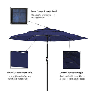 10FT 3-Tier Solar LED Patio Umbrella with Tilt & Crank, Aluminum Market Umbrella for Backyard, Deck & Garden