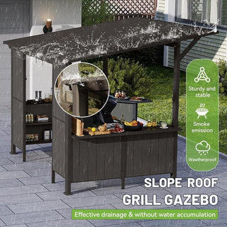 9x10FT Grill Gazebo Hardtop, Metal BBQ Gazebo with Storage Shelves and Expansion Platform, Heavy Duty Grill Canopy with Sloped Roof for Patio