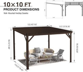 10X10 FT Lean to Gazebo, Wall Mounted Gazebos Pergola with Built in Drainage System, Galvanized Steel Roof