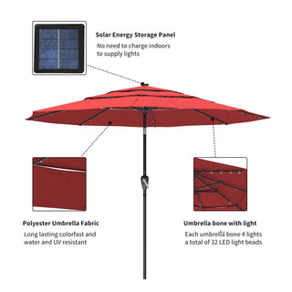 10FT 3-Tier Solar LED Patio Umbrella with Tilt & Crank, Aluminum Market Umbrella for Backyard, Deck & Garden