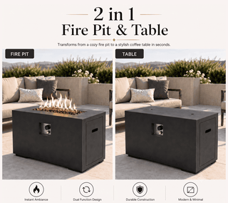 42 Inch Rectangular Propane Fire Pit Table, 50000 BTU Lightweight Concrete Outdoor Gas Fire Table with Lava Rocks, Burner Lid & Waterproof Cover