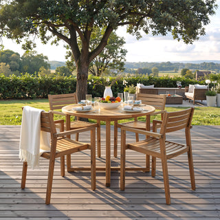 5-Piece Acacia Wood Outdoor Dining Set, Round Slatted Table & 4 Patio Chairs for Garden Pool Lawn Indoor