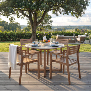 5-Piece Acacia Wood Outdoor Dining Set, Round Slatted Table & 4 Patio Chairs for Garden Pool Lawn Indoor