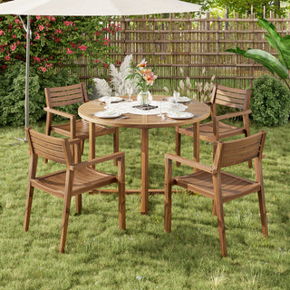 5-Piece Acacia Wood Outdoor Dining Set, Round Slatted Table & 4 Patio Chairs for Garden Pool Lawn Indoor