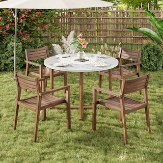 5-Piece Acacia Wood Outdoor Dining Set, Round Slatted Table & 4 Patio Chairs for Garden Pool Lawn Indoor