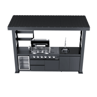 110-Inch 4-Burner 72000 BTU Outdoor Kitchen Island Grill | Stainless Steel BBQ with Wine Cooler, Rotisserie, Granite Countertop & Storage