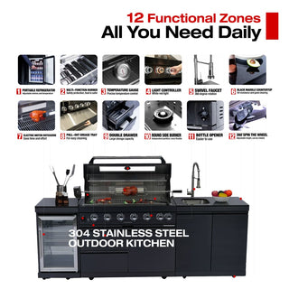 43-Inch Deluxe Outdoor Kitchen BBQ Island Grill, 6-Burner 85,000 BTU Stainless Steel Gas Grill with Wine Cooler, Refrigerator, Rotisserie Kit, Granite Countertop & Sink