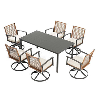 7-Piece Outdoor Patio Dining Set with 6 Swivel Cushioned Chairs & Iron Slat Table with Umbrella Hole for Backyard & Garden