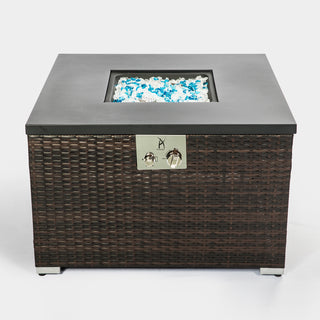 32" Propane Gas Fire Pit Table with Propane Tank Cover, 50000 BTU Square Steel Fire Pit with Beautiful Wicker Base for Outside Patio Deck Garden Backyard-Black