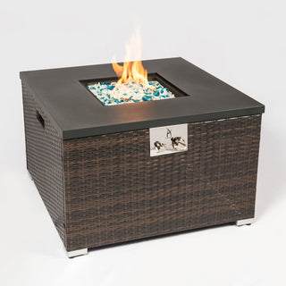 32" Propane Gas Fire Pit Table with Propane Tank Cover, 50000 BTU Square Steel Fire Pit with Beautiful Wicker Base for Outside Patio Deck Garden Backyard-Black