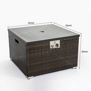 32" Propane Gas Fire Pit Table with Propane Tank Cover, 50000 BTU Square Steel Fire Pit with Beautiful Wicker Base for Outside Patio Deck Garden Backyard-Black