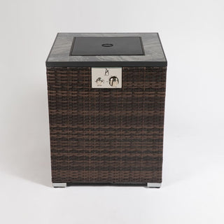 24" Propane Gas Fire Pit Table, 50000 BTU Square Fire Pit, Tile Tabletop with Beautiful Wicker Base for Outside Patio Deck Garden Courtyard-Brown
