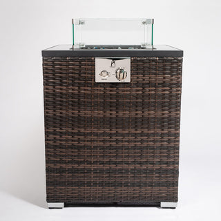 24" Propane Gas Fire Pit Table, 50000 BTU Square Fire Pit, Tile Tabletop with Beautiful Wicker Base for Outside Patio Deck Garden Courtyard-Brown