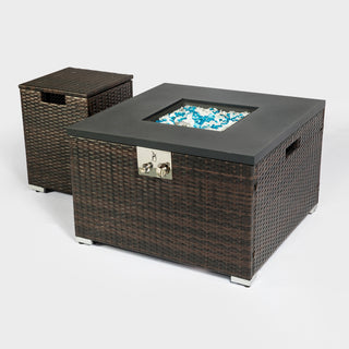 32" Propane Gas Fire Pit Table with Propane Tank Cover, 50000 BTU Square Steel Fire Pit with Beautiful Wicker Base for Outside Patio Deck Garden Backyard-Black