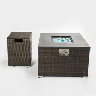 32" Propane Gas Fire Pit Table with Propane Tank Cover, 50000 BTU Square Steel Fire Pit with Beautiful Wicker Base for Outside Patio Deck Garden Backyard-Black