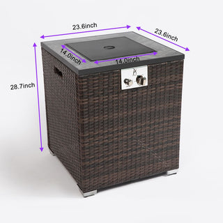 24" Propane Gas Fire Pit Table, 50000 BTU Square Fire Pit, Tile Tabletop with Beautiful Wicker Base for Outside Patio Deck Garden Courtyard-Brown