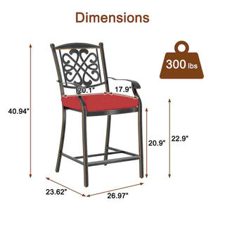 4-Piece Cast Aluminum Patio Bar Dining Chairs with Diamond-Mesh Curved Backrest – Red/Beige
