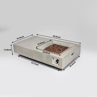 60" Propane Gas Fire Pit Table, 50000 BTU Rectangular Concrete Fire Pit for Outside Patio Deck Garden Backyard- Light Gray