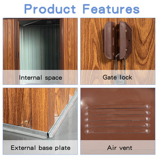 6X6 FT Metal Storage Shed Appealing horizontal siding in woodgrain with coffee trim to complement