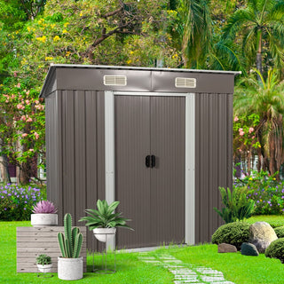 6X4 FT Outdoor Metal Storage Shed with Floor Base, Weatherproof Garden Tool Organizer