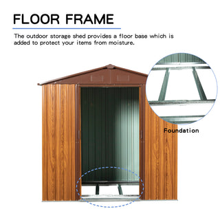 6X6 FT Metal Storage Shed Appealing horizontal siding in woodgrain with coffee trim to complement