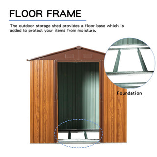 6X6 FT Metal Storage Shed Appealing horizontal siding in woodgrain with coffee trim to complement