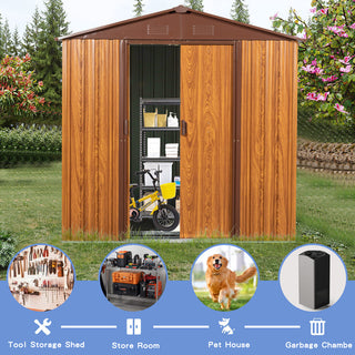6X6 FT Metal Storage Shed Appealing horizontal siding in woodgrain with coffee trim to complement