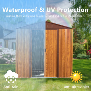 6X6 FT Metal Storage Shed Appealing horizontal siding in woodgrain with coffee trim to complement
