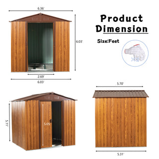 6X6 FT Metal Storage Shed Appealing horizontal siding in woodgrain with coffee trim to complement