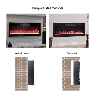 60-Inch Ultra-Thin Recessed Electric Fireplace with Tempered Glass, Multicolor Flame & Ember Bed, LED Heater and Remote Control