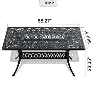 58.3" Cast Aluminum Outdoor Patio Dining Table with Umbrella Hole, Rectangular Black Metal Table for Backyard, Garden & Deck