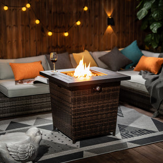 28" Propane Gas Fire Pit Table, 50000 BTU Square Steel Fire Pit with Beautiful Wicker Base for Outside Patio Deck Garden Backyard-Black