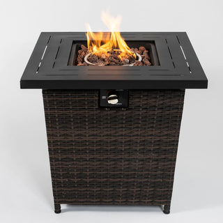 28" Propane Gas Fire Pit Table, 50000 BTU Square Steel Fire Pit with Beautiful Wicker Base for Outside Patio Deck Garden Backyard-Black
