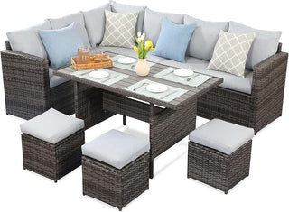 7-Pieces PE Rattan Wicker Patio Dining Sectional Cusions Sofa Set with Ivory cushions