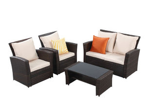 4-Pieces PE Rattan Wicker Outdoor Patio Furniture Set with Grey/Brown Cushions