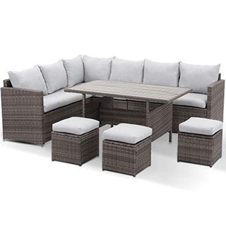 7-Pieces PE Rattan Wicker Patio Dining Sectional Cusions Sofa Set with Ivory cushions