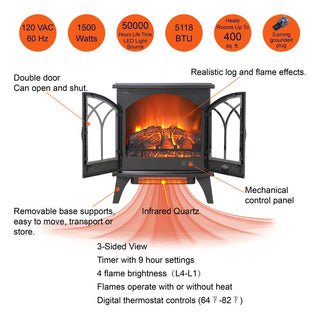 24-Inch 3D Flame Electric Infrared Quartz Fireplace Stove with Remote Control