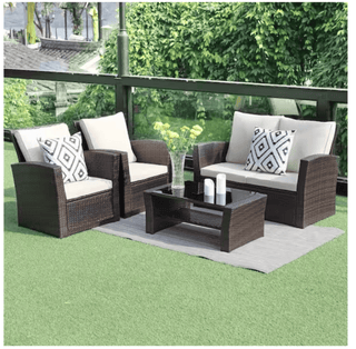 4-Pieces PE Rattan Wicker Outdoor Patio Furniture Set with Grey/Brown Cushions