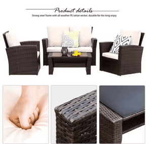 4-Pieces PE Rattan Wicker Outdoor Patio Furniture Set with Grey/Brown Cushions