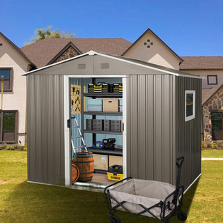 8X6 FT Outdoor Metal Storage Shed with Foundation, Weatherproof Garden Tool Organizer