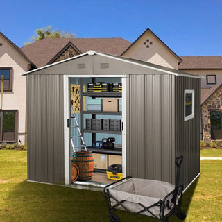 8X6 FT Outdoor Metal Storage Shed with Foundation, Weatherproof Garden Tool Organizer