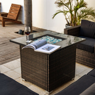 30" Propane Gas Fire Pit Table, 50000 BTU Square Fire Pit, Tile Tabletop with Beautiful Wicker Base for Outside Patio Deck Garden Courtyard-Brown