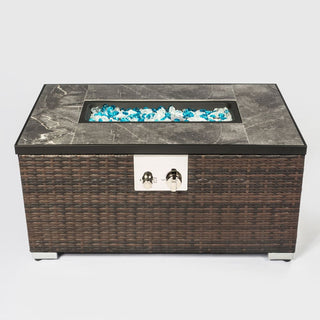 32" Propane Gas Fire Pit Table, 50000 BTU Rectangular Fire Pit, Tile Tabletop with Beautiful Wicker Base for Outside Patio Deck Garden Courtyard-Brown