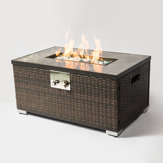 32" Propane Gas Fire Pit Table, 50000 BTU Rectangular Fire Pit, Tile Tabletop with Beautiful Wicker Base for Outside Patio Deck Garden Courtyard-Brown