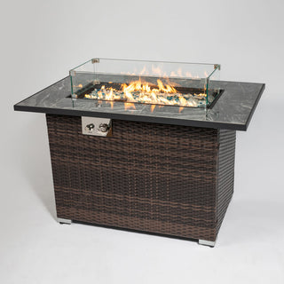 44" Propane Gas Fire Pit Table, 50000 BTU Rectangular Fire Pit, Tile Tabletop with Beautiful Wicker Base for Outside Patio Deck Garden Courtyard-Brown
