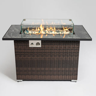 44" Propane Gas Fire Pit Table, 50000 BTU Rectangular Fire Pit, Tile Tabletop with Beautiful Wicker Base for Outside Patio Deck Garden Courtyard-Brown