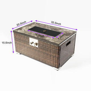 32" Propane Gas Fire Pit Table, 50000 BTU Rectangular Fire Pit, Tile Tabletop with Beautiful Wicker Base for Outside Patio Deck Garden Courtyard-Brown