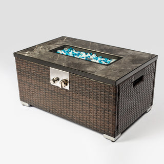 32" Propane Gas Fire Pit Table, 50000 BTU Rectangular Fire Pit, Tile Tabletop with Beautiful Wicker Base for Outside Patio Deck Garden Courtyard-Brown