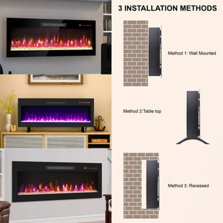 36/42 Inch Ultra-Thin Wall-Mounted Electric Fireplace with Tempered Glass, Multicolor Flames & Remote Control