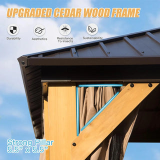 Aetherdome Cedar Wood Frame Gazebo with Steel Double Roof, Curtains & Net for Patio